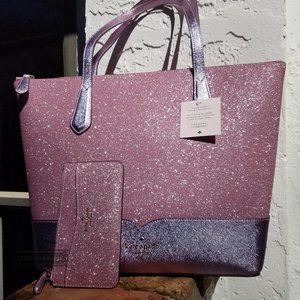 Kate Spade Lola Glitter tote PINK Card Holder SET